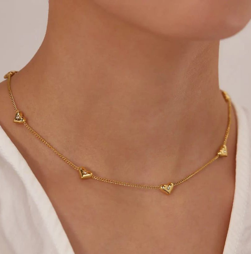 Anti Tarnish Hearts with Diamonds Necklace 18K Gold Plated