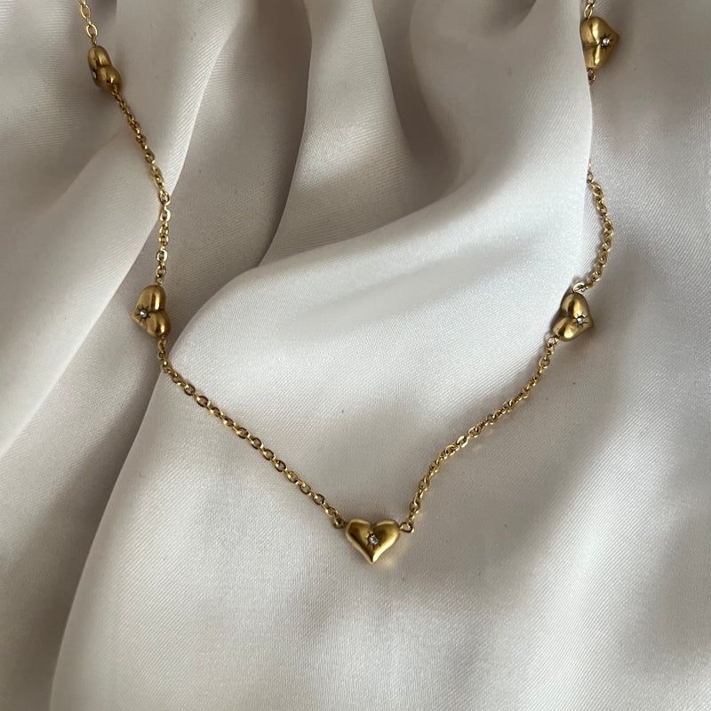 Anti Tarnish Hearts with Diamonds Necklace 18K Gold Plated