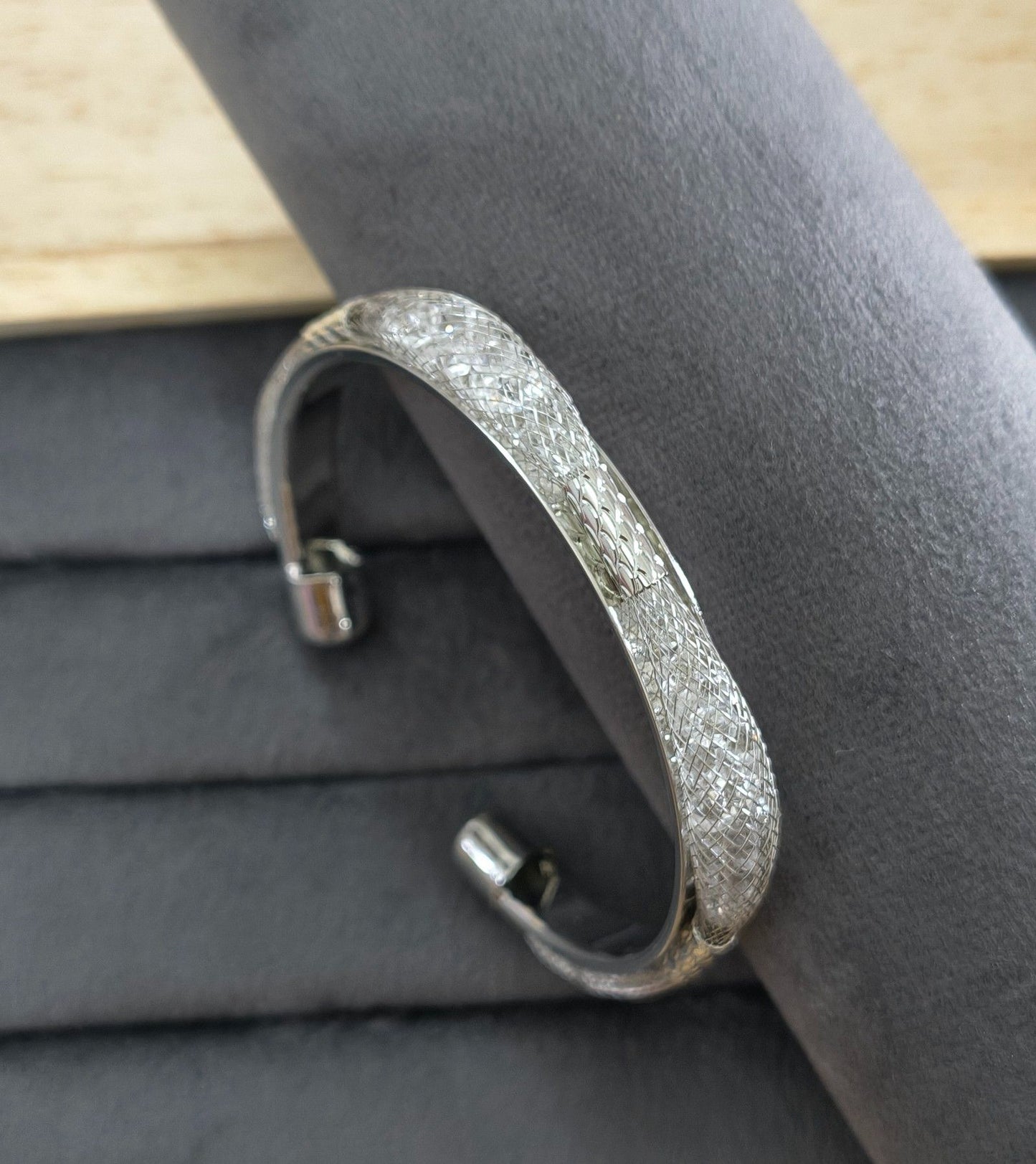 Premium Diamonds in Mesh Design Silver Tone Cuff Bangle