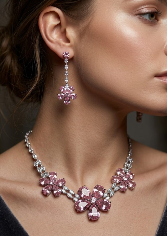 Luxury Blossom Pink Glass Stone Necklace Set Rhodium Plated