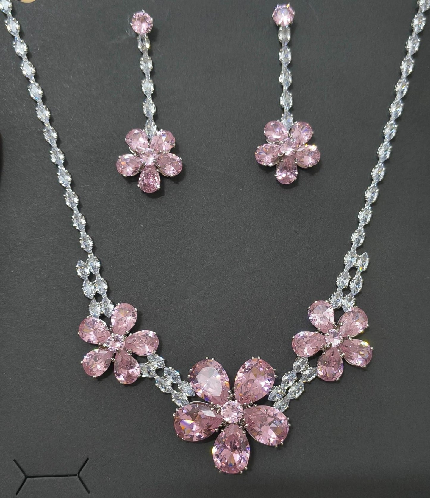 Luxury Blossom Pink Glass Stone Necklace Set Rhodium Plated