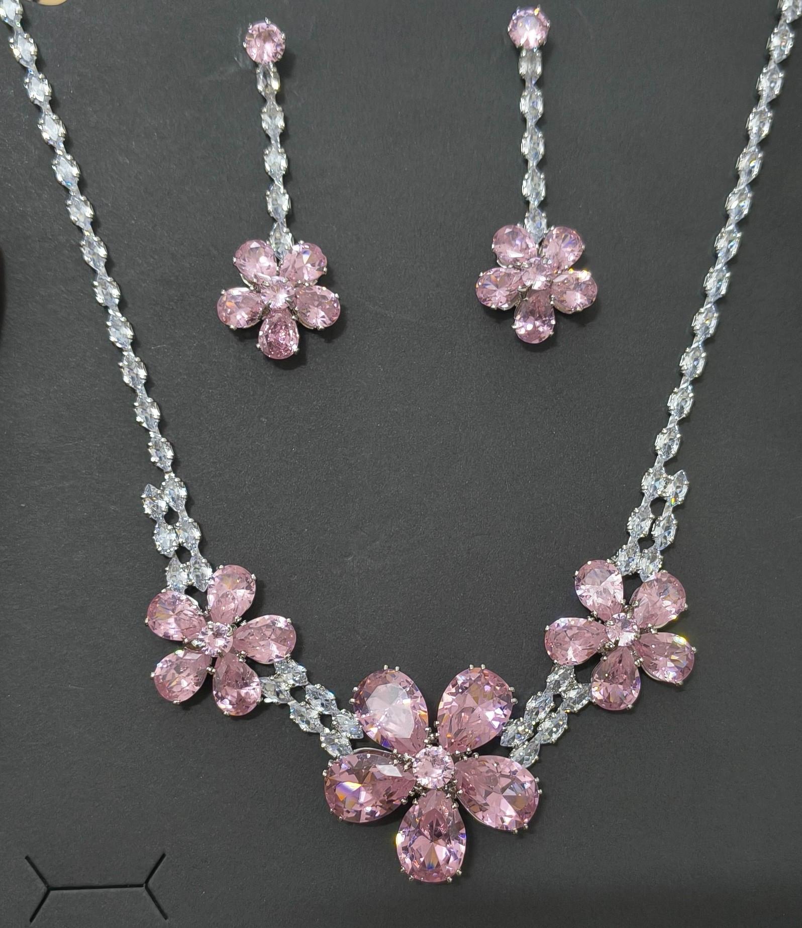 Luxury Blossom Pink Glass Stone Necklace Set Rhodium Plated
