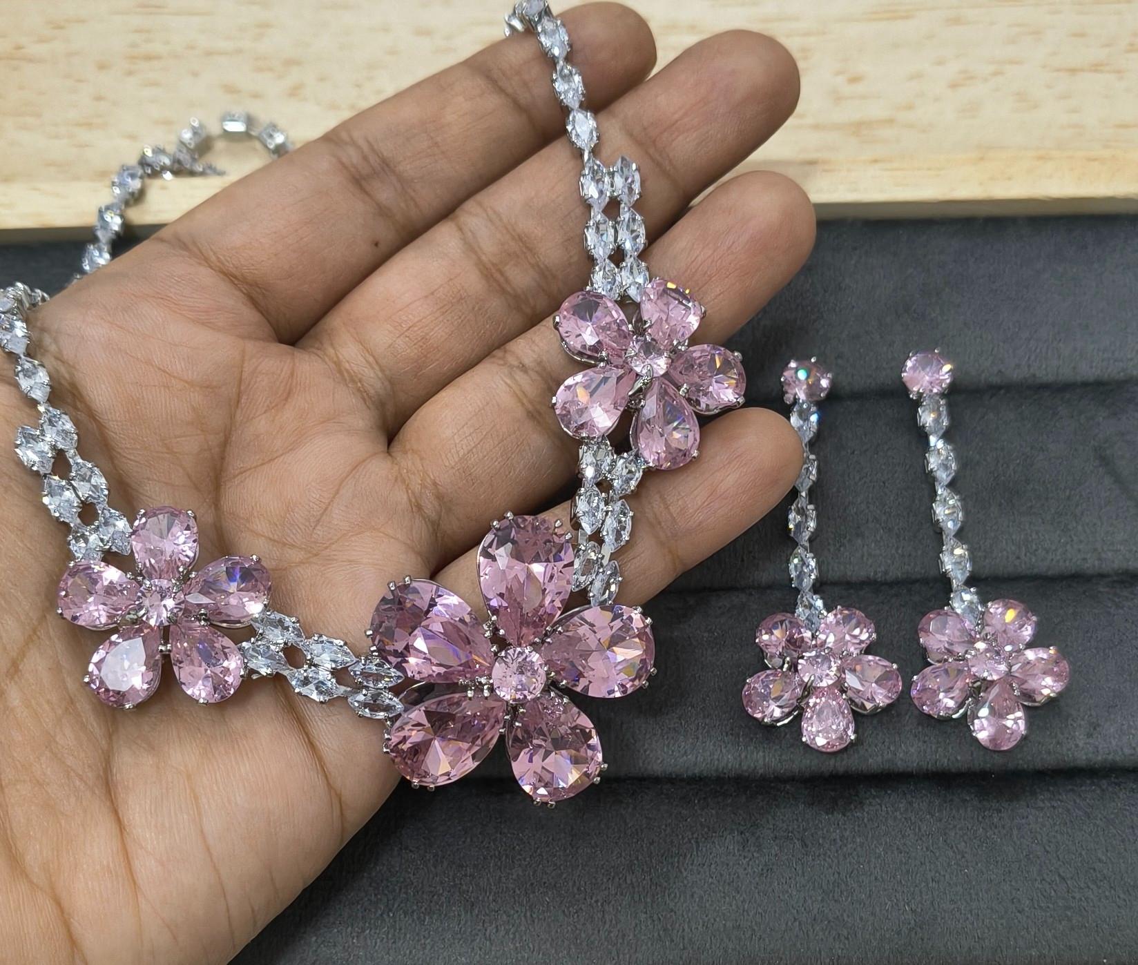 Luxury Blossom Pink Glass Stone Necklace Set Rhodium Plated