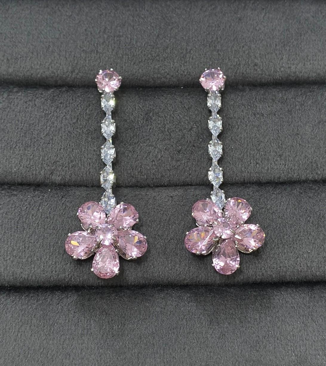 Luxury Blossom Pink Glass Stone Necklace Set Rhodium Plated