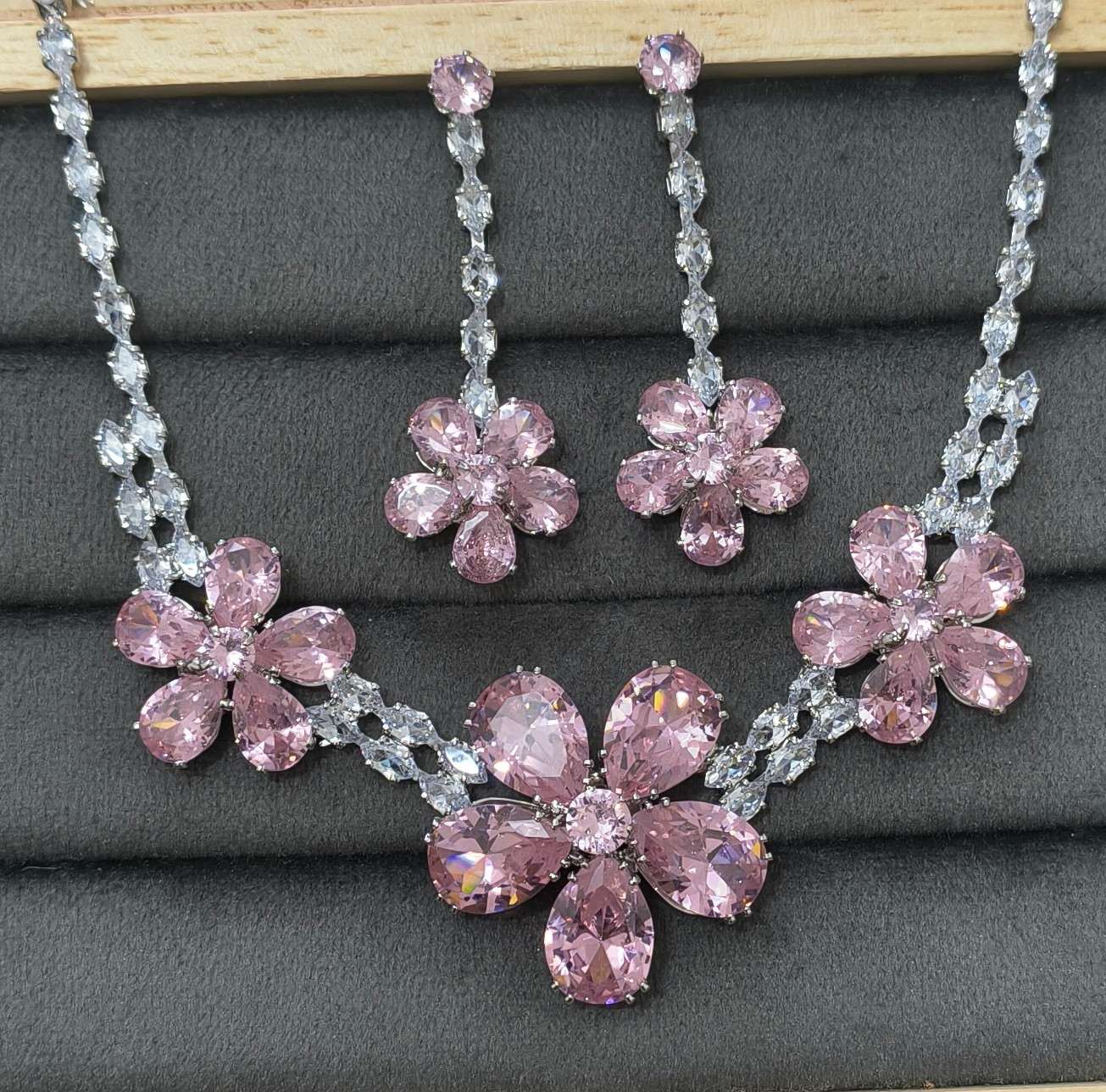 Luxury Blossom Pink Glass Stone Necklace Set Rhodium Plated