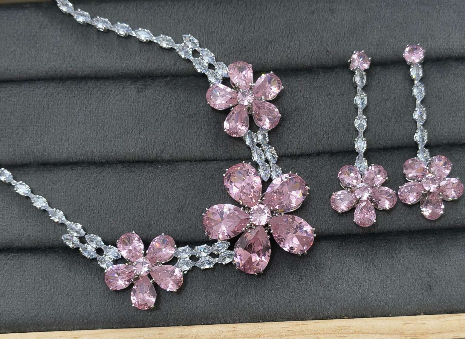 Luxury Blossom Pink Glass Stone Necklace Set Rhodium Plated