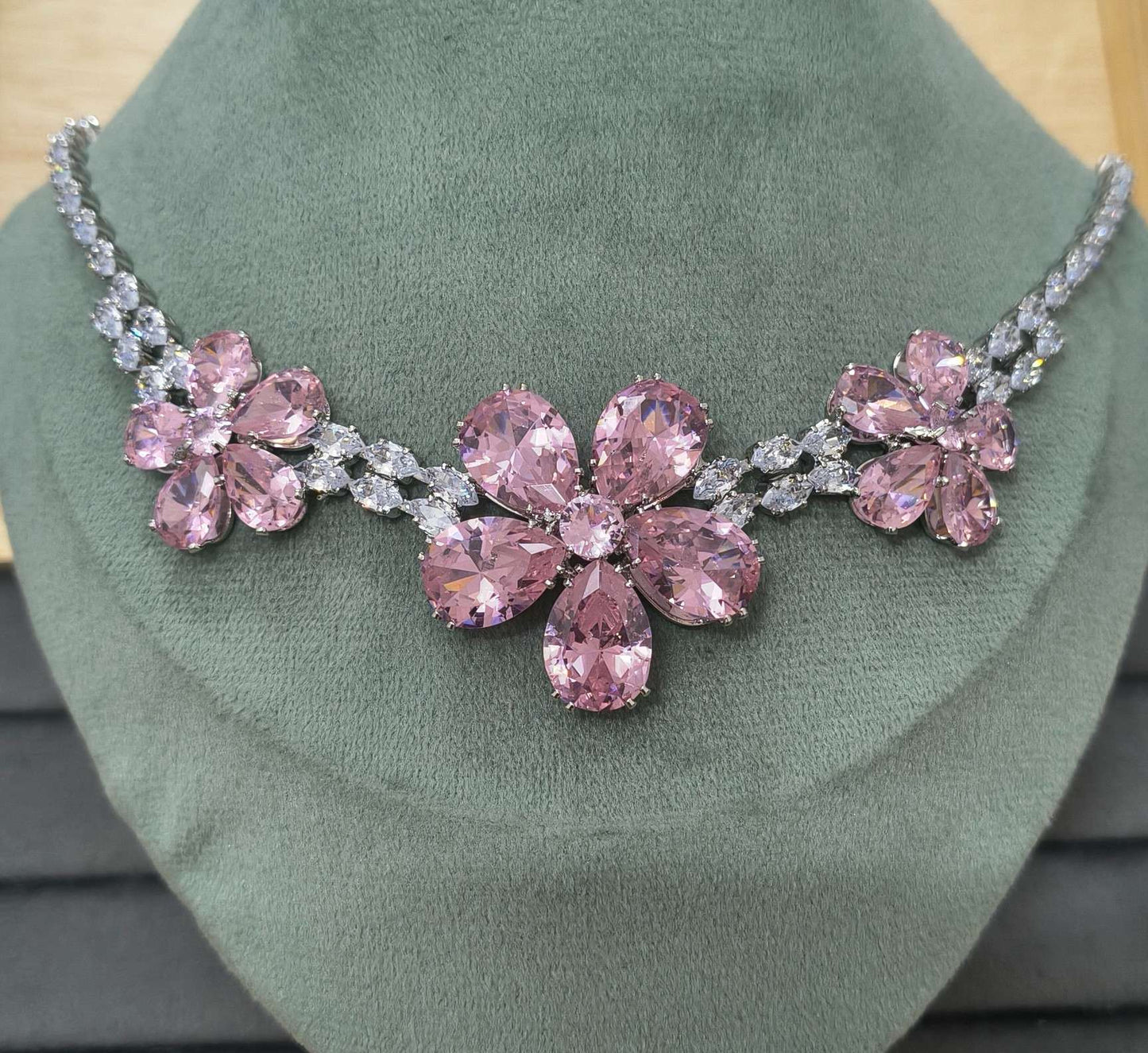 Luxury Blossom Pink Glass Stone Necklace Set Rhodium Plated