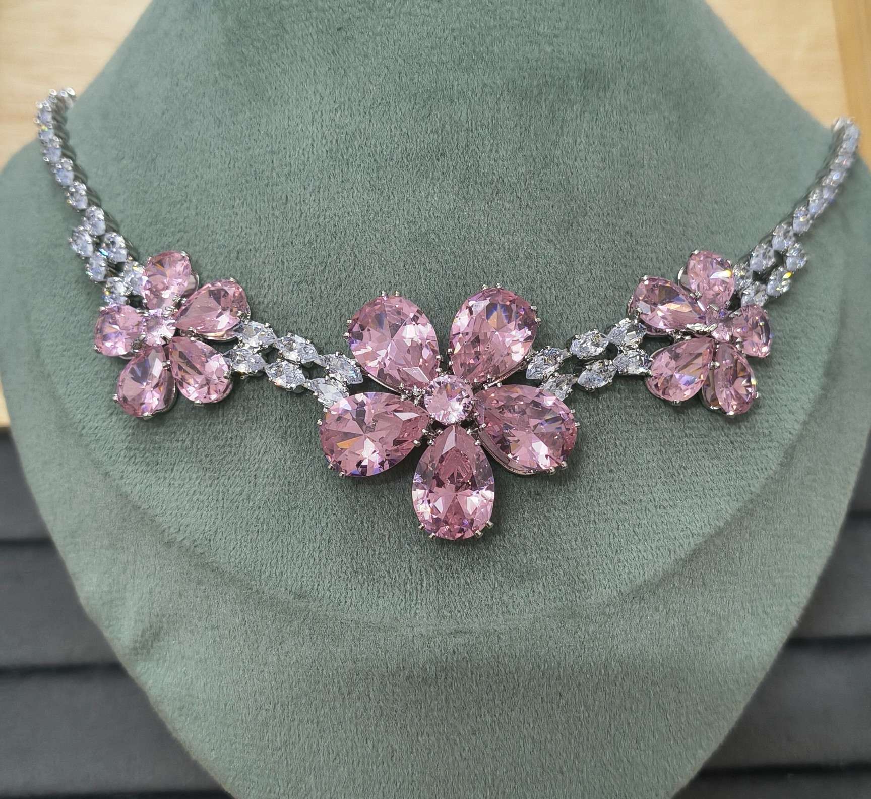 Luxury Blossom Pink Glass Stone Necklace Set Rhodium Plated