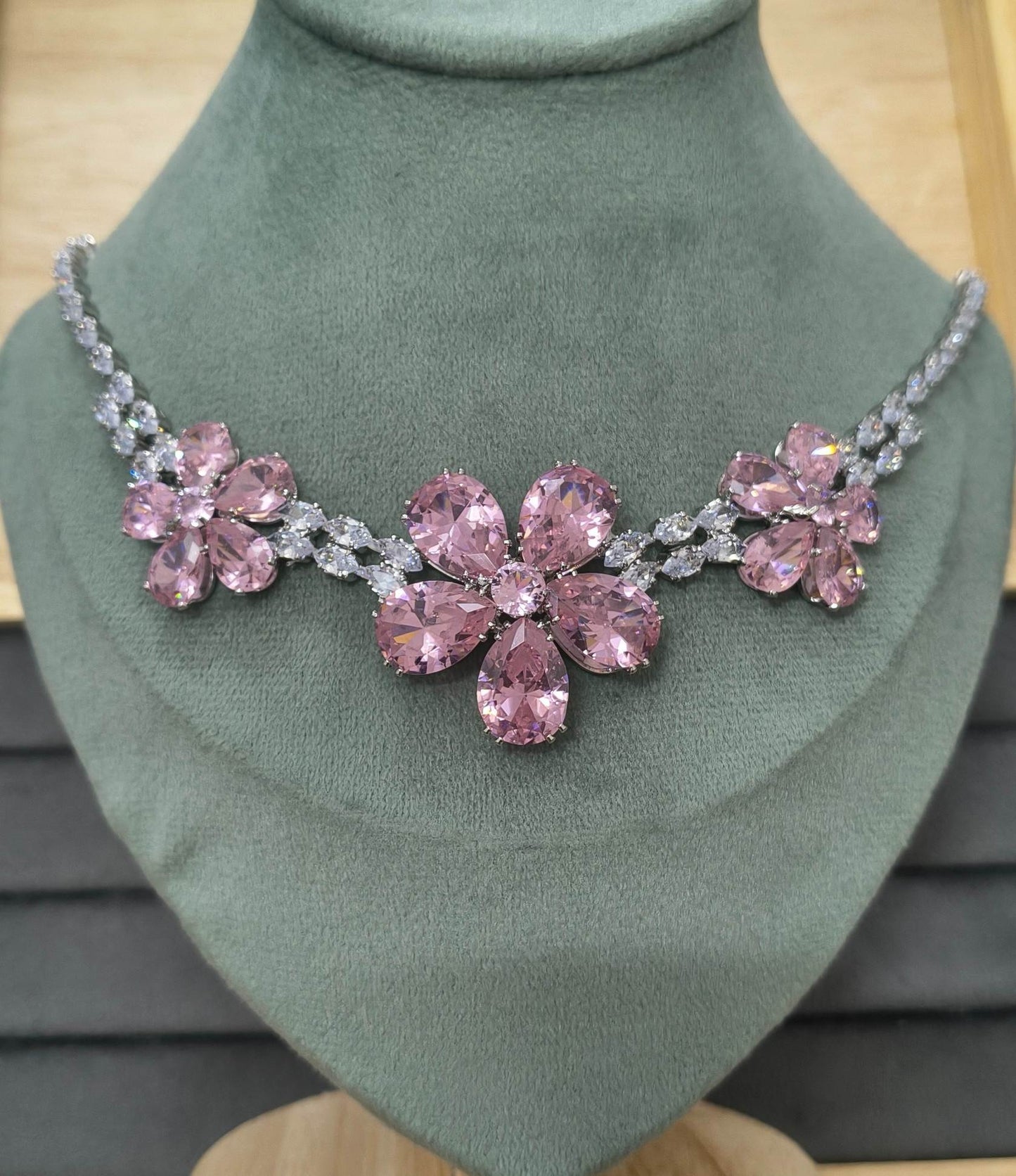 Luxury Blossom Pink Glass Stone Necklace Set Rhodium Plated