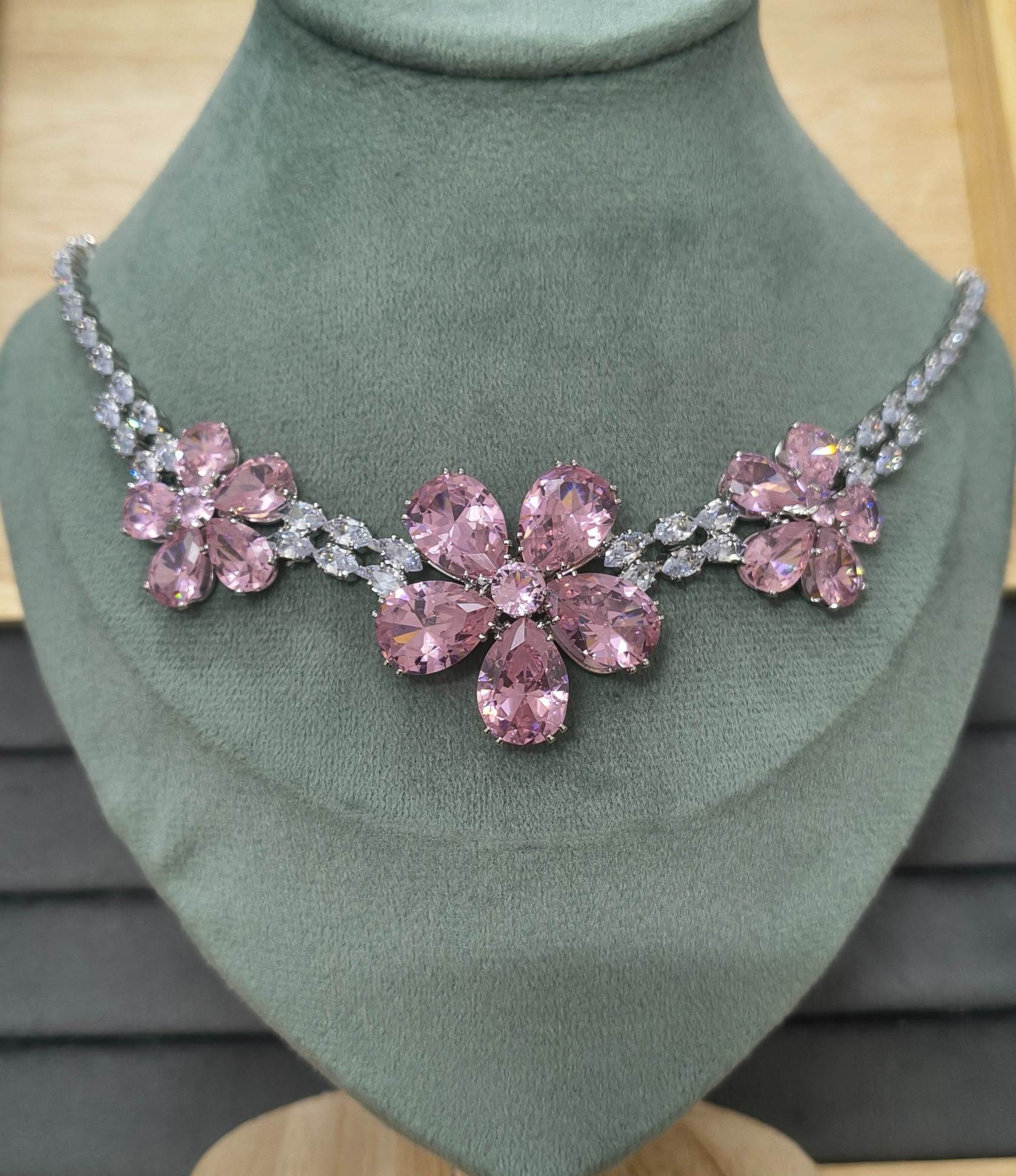 Luxury Blossom Pink Glass Stone Necklace Set Rhodium Plated