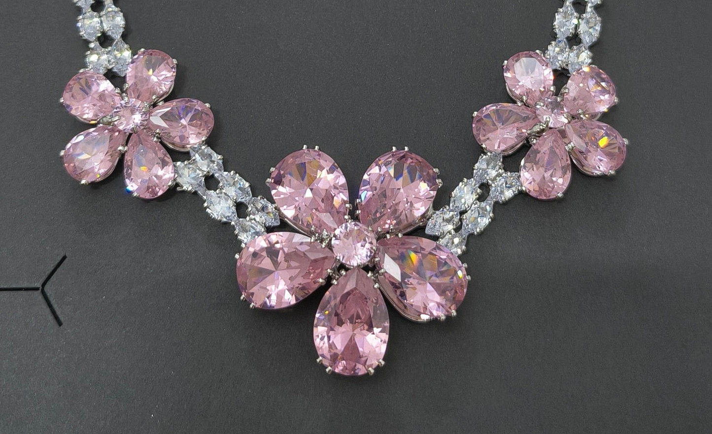 Luxury Blossom Pink Glass Stone Necklace Set Rhodium Plated