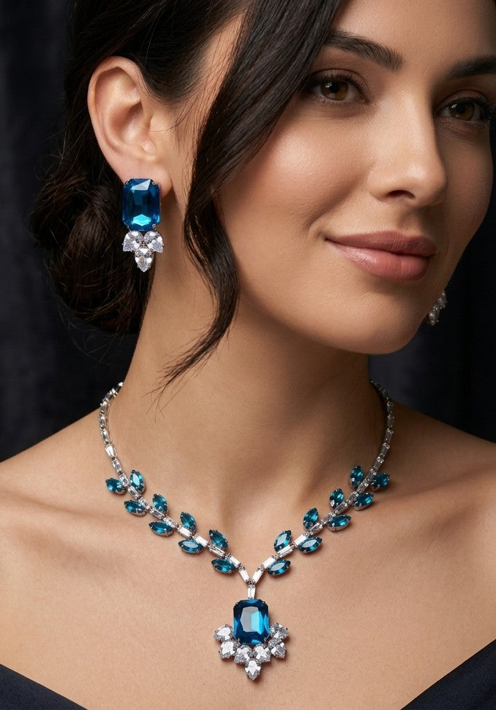 Luxury Blue Glass Stone Necklace Rhodium Plated