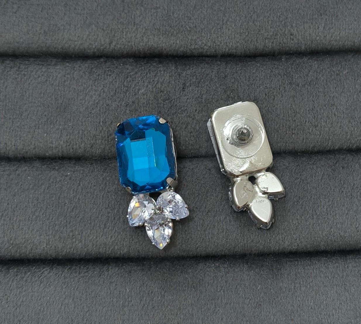 Luxury Blue Glass Stone Necklace Rhodium Plated