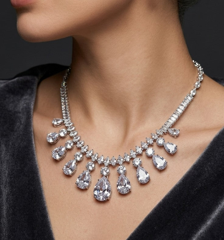 Luxury Bridal Shiny Glass Stone Necklace Rhodium Plated