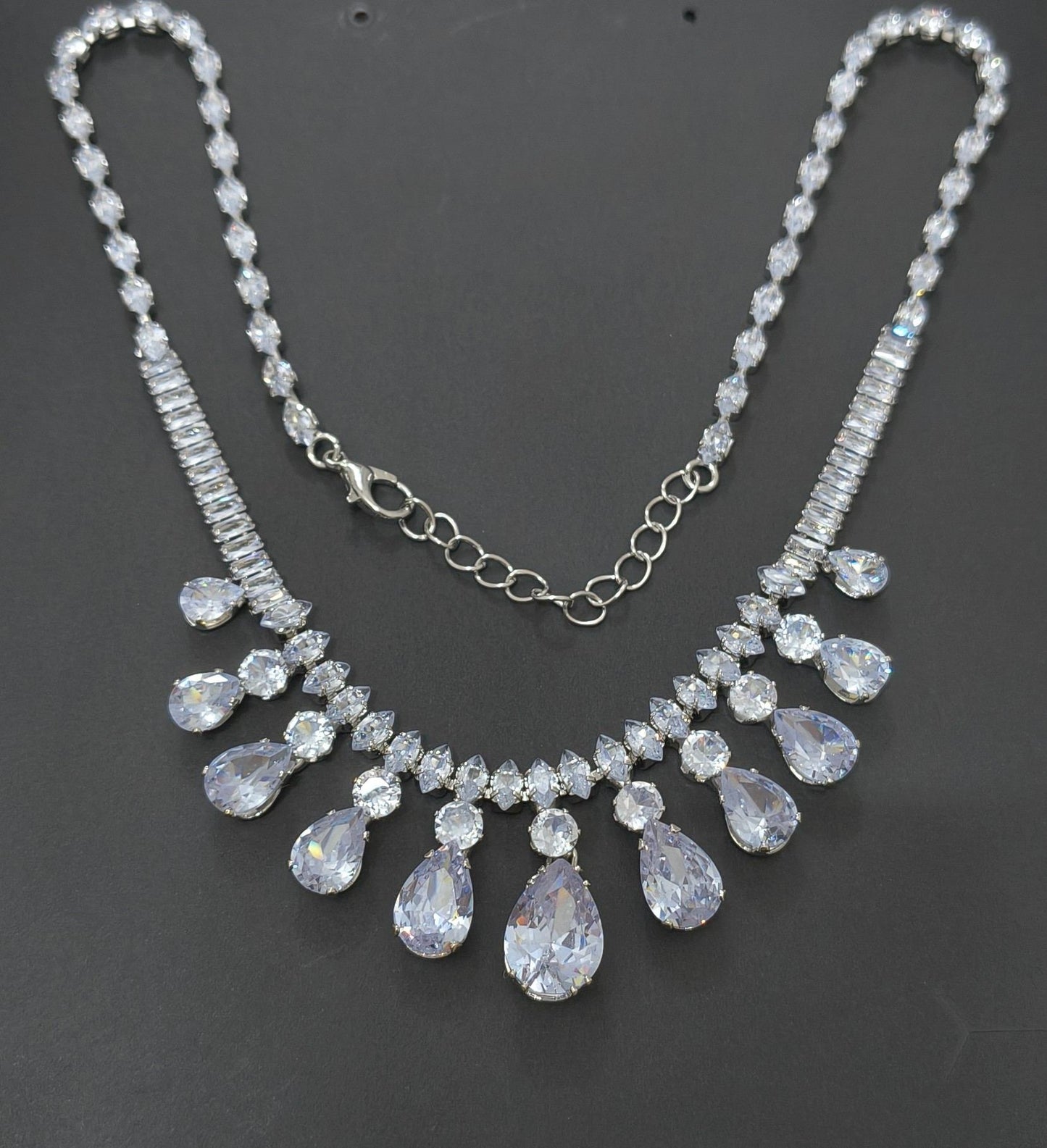 Luxury Bridal Shiny Glass Stone Necklace Rhodium Plated