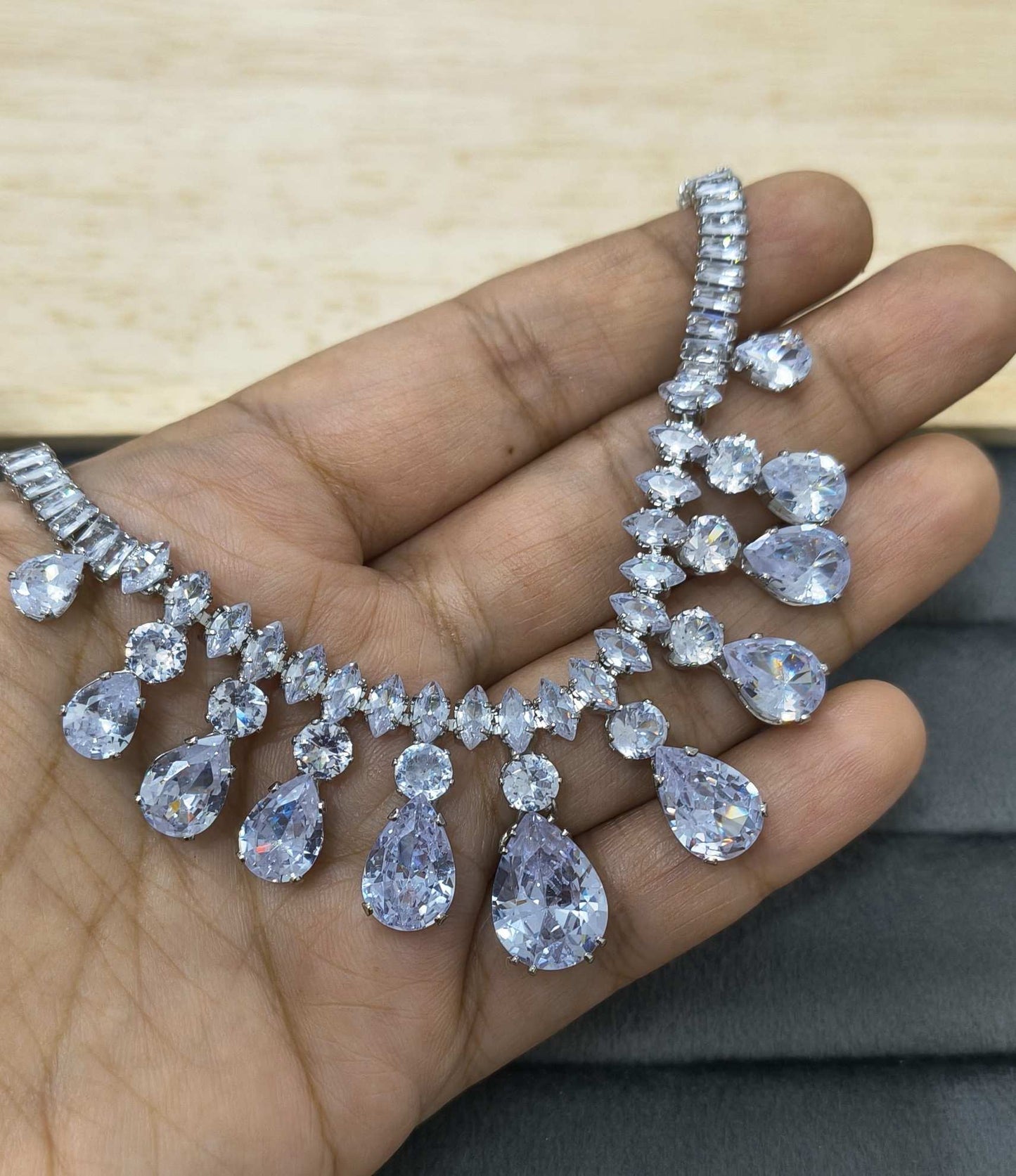 Luxury Bridal Shiny Glass Stone Necklace Rhodium Plated