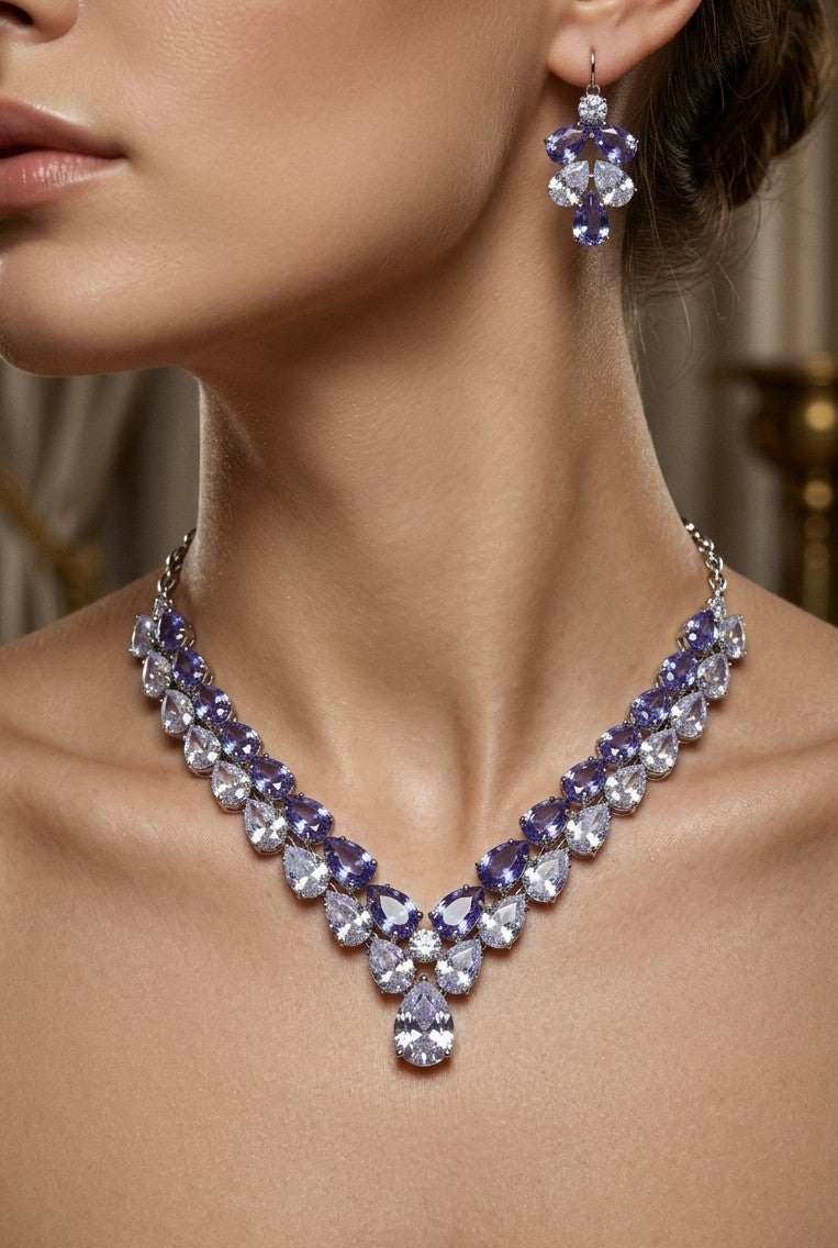 Luxury Clear & Purple Glass Stone Necklace Rhodium Plated