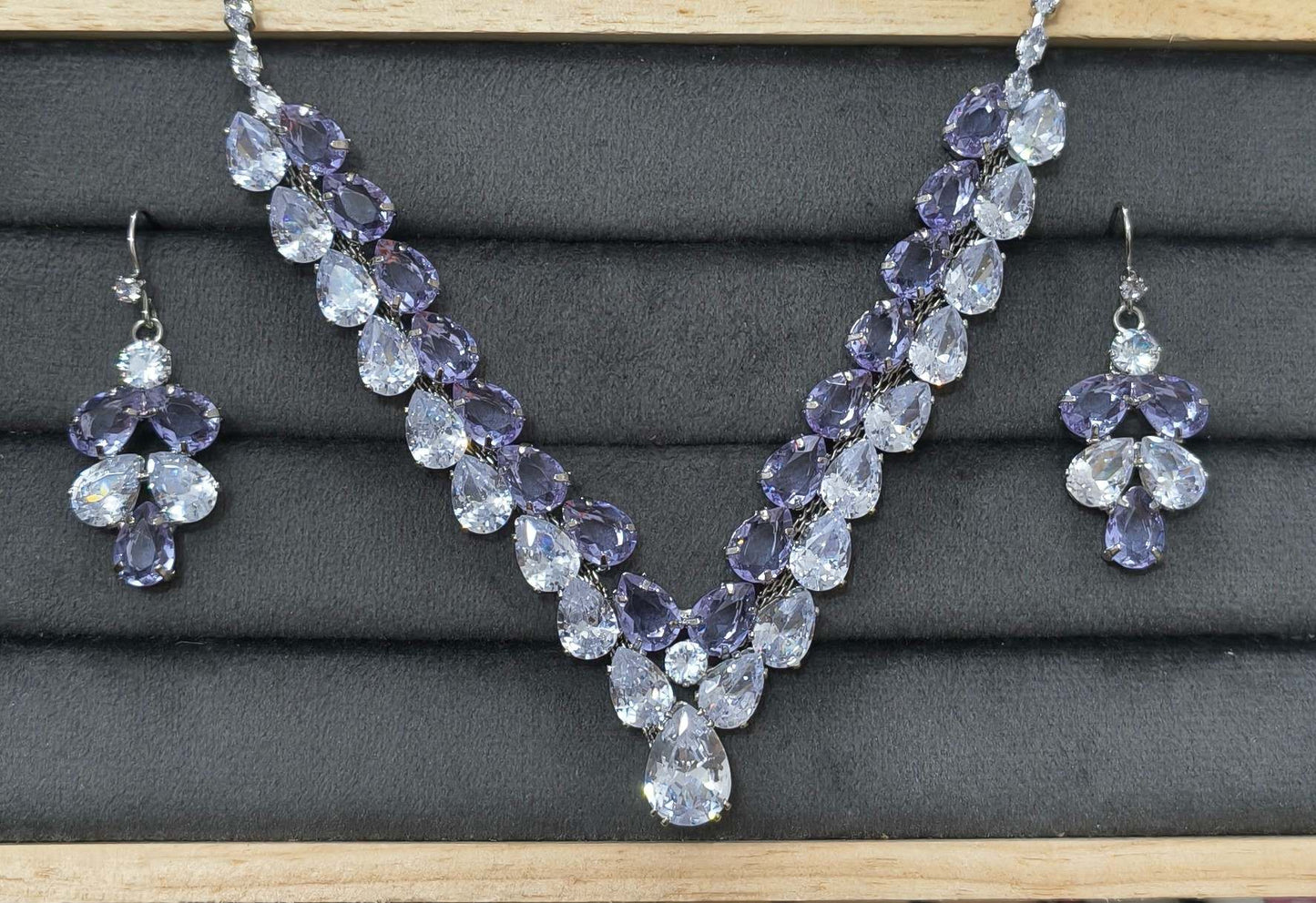 Luxury Clear & Purple Glass Stone Necklace Rhodium Plated