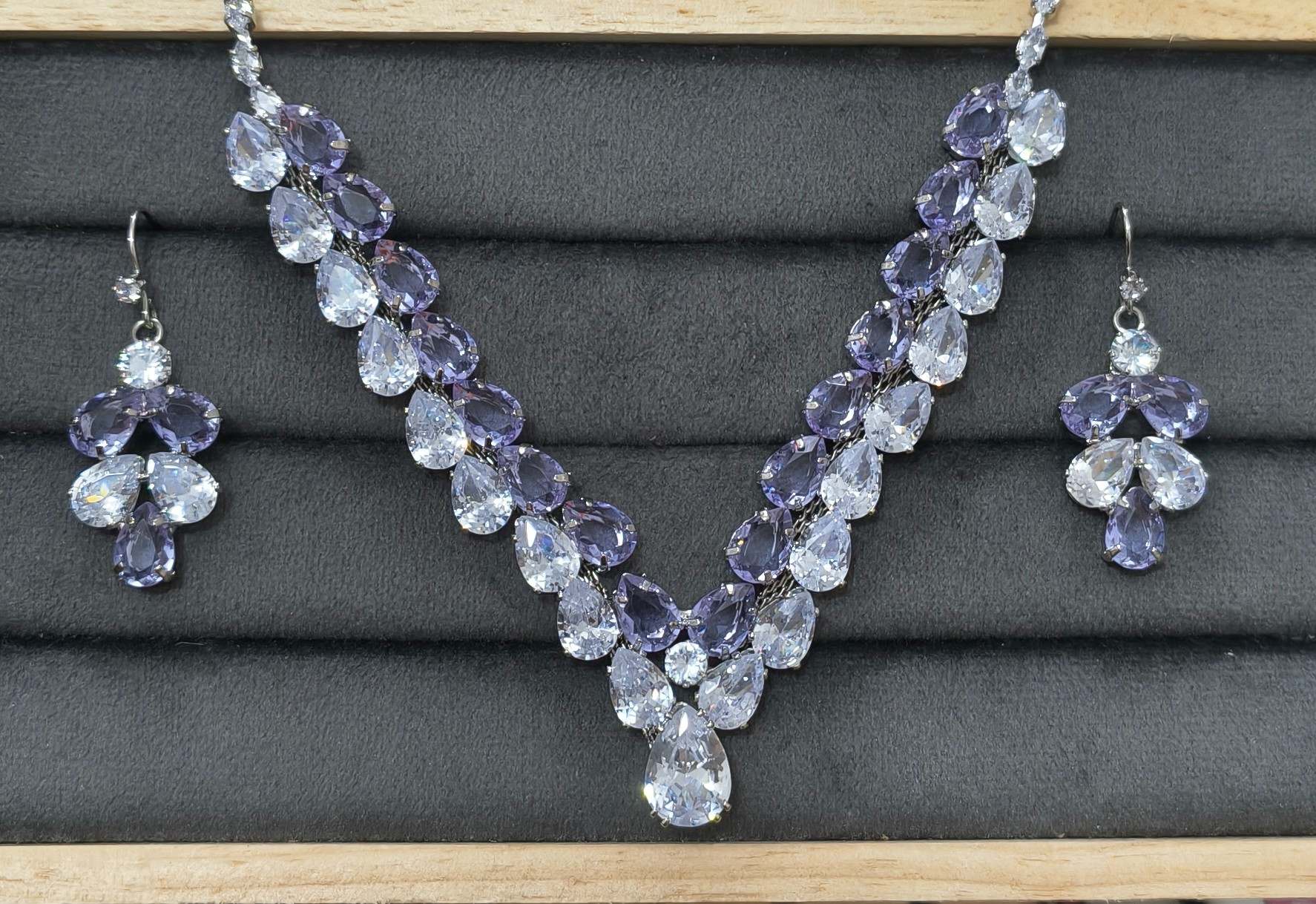 Luxury Clear & Purple Glass Stone Necklace Rhodium Plated