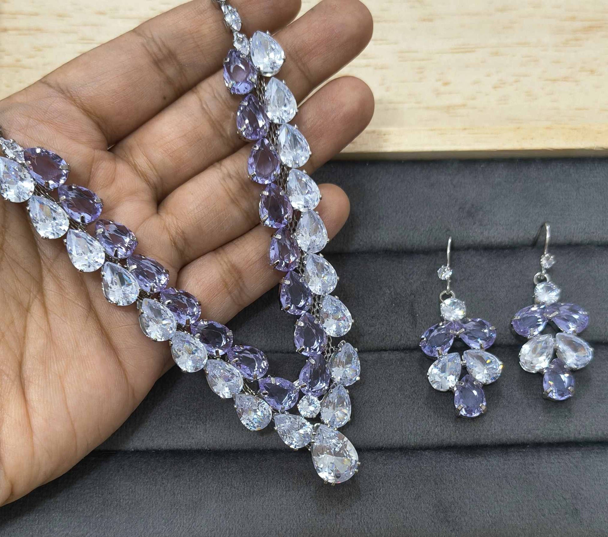 Luxury Clear & Purple Glass Stone Necklace Rhodium Plated