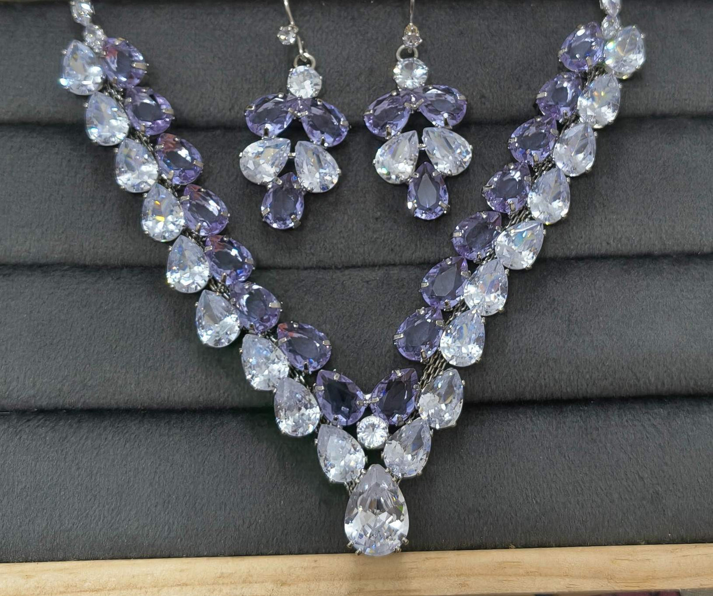 Luxury Clear & Purple Glass Stone Necklace Rhodium Plated