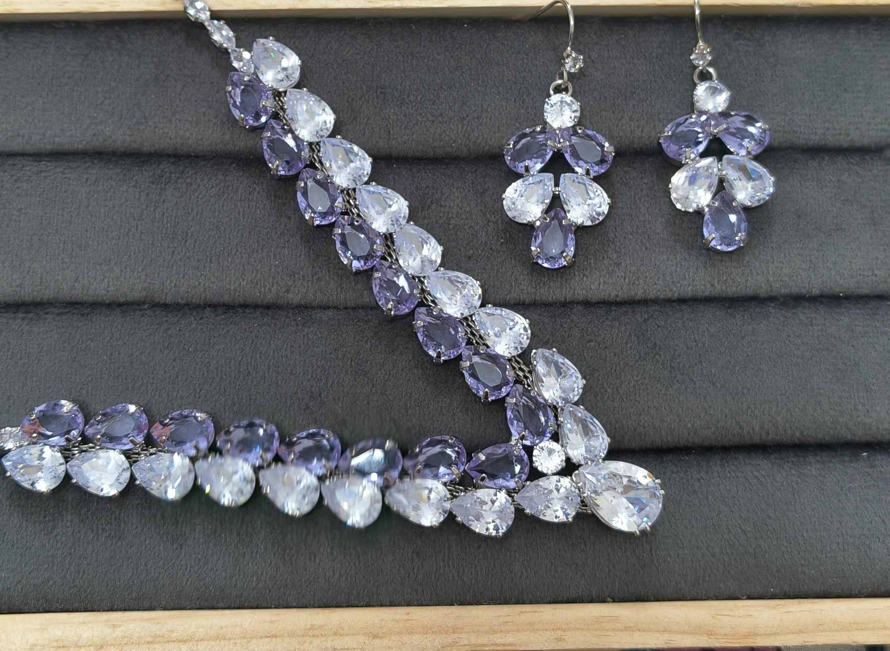 Luxury Clear & Purple Glass Stone Necklace Rhodium Plated