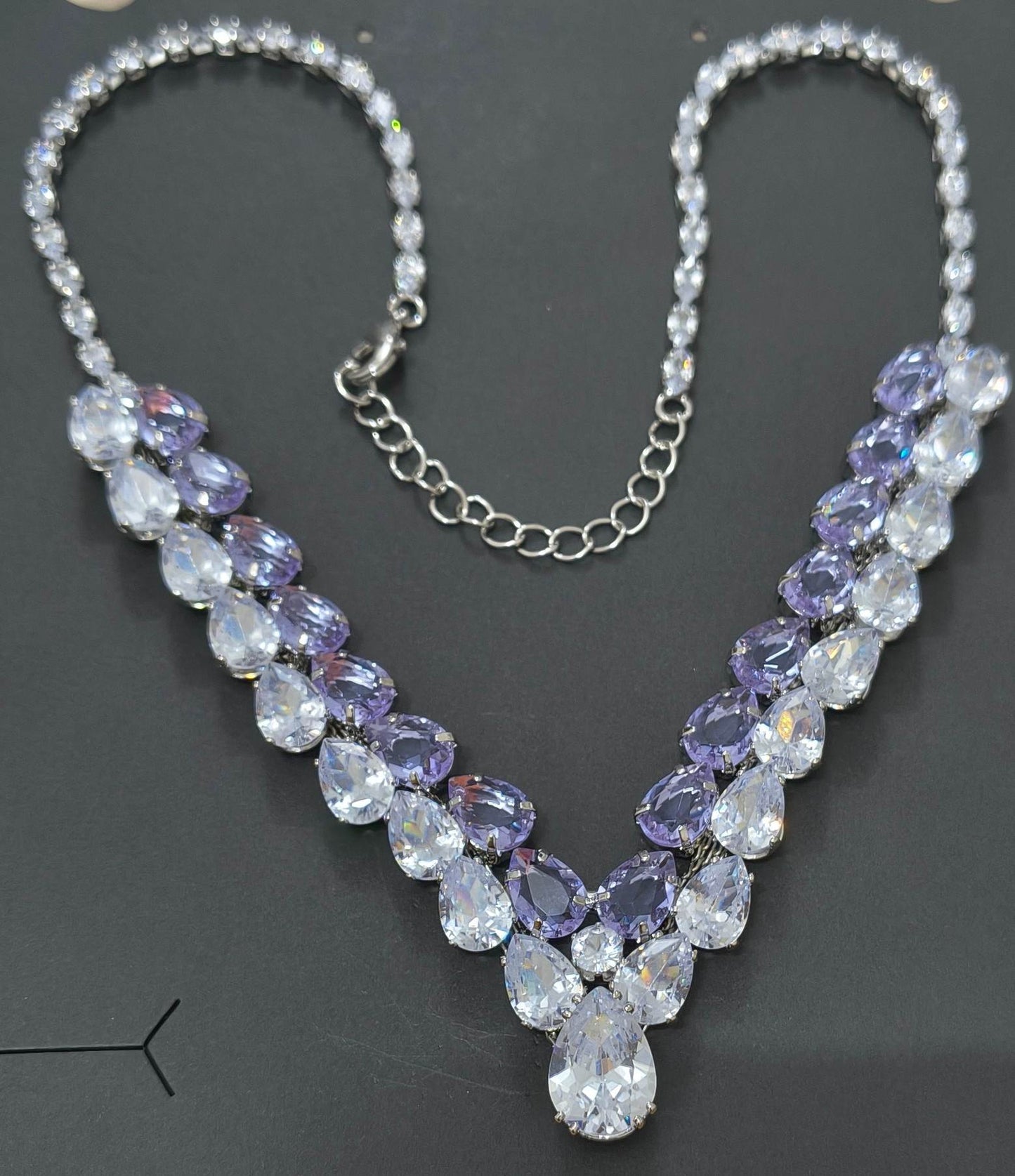 Luxury Clear & Purple Glass Stone Necklace Rhodium Plated