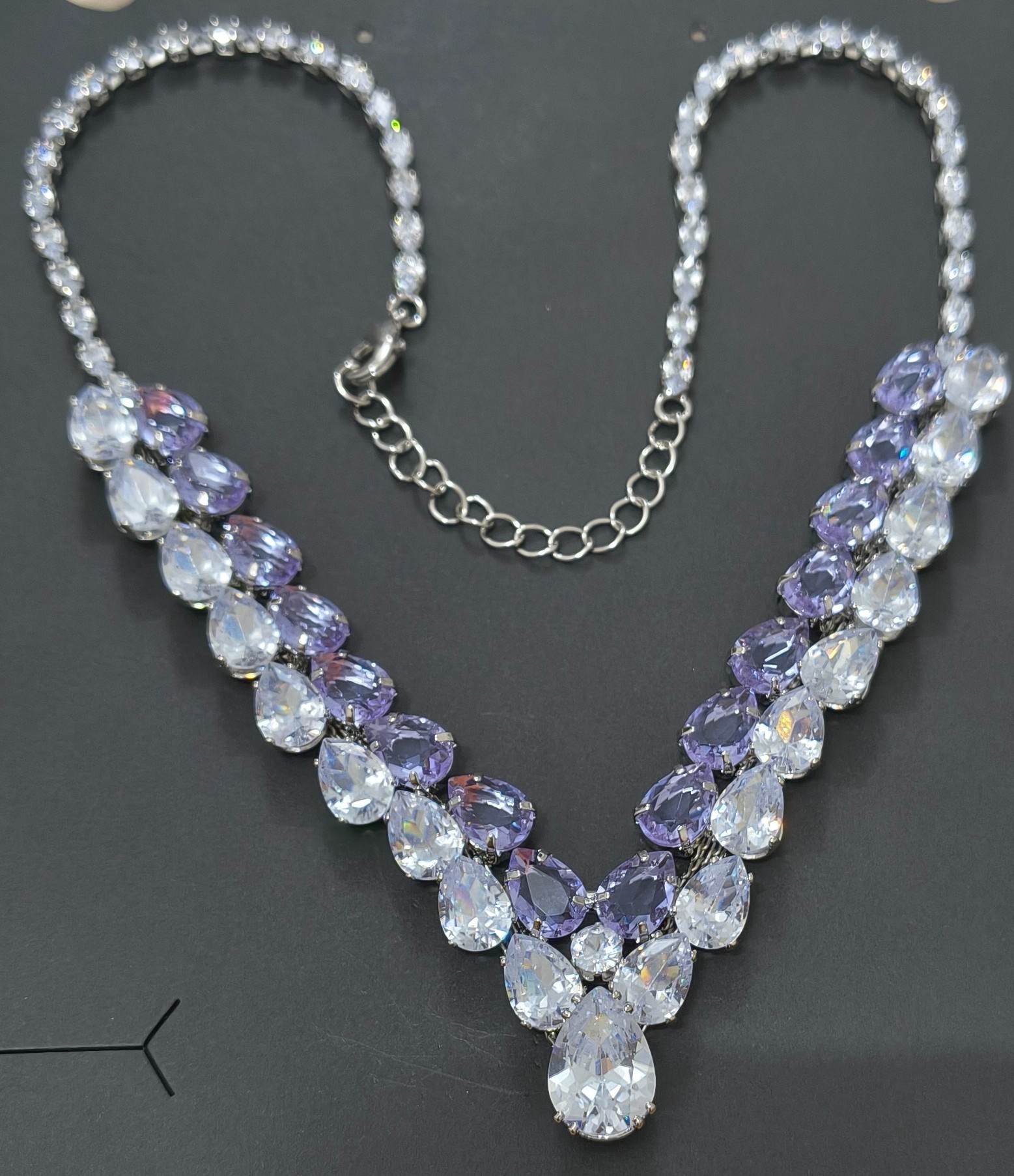 Luxury Clear & Purple Glass Stone Necklace Rhodium Plated