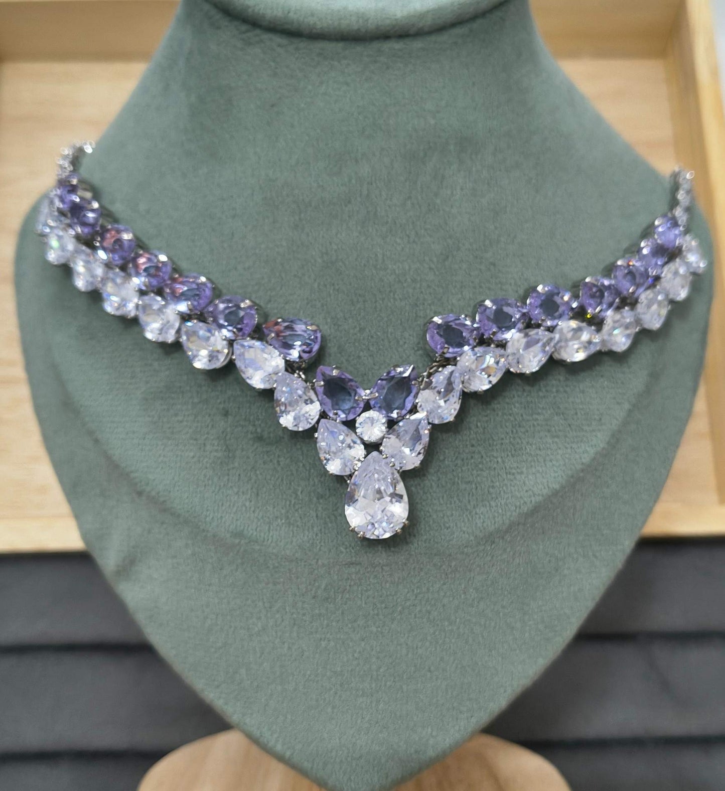 Luxury Clear & Purple Glass Stone Necklace Rhodium Plated