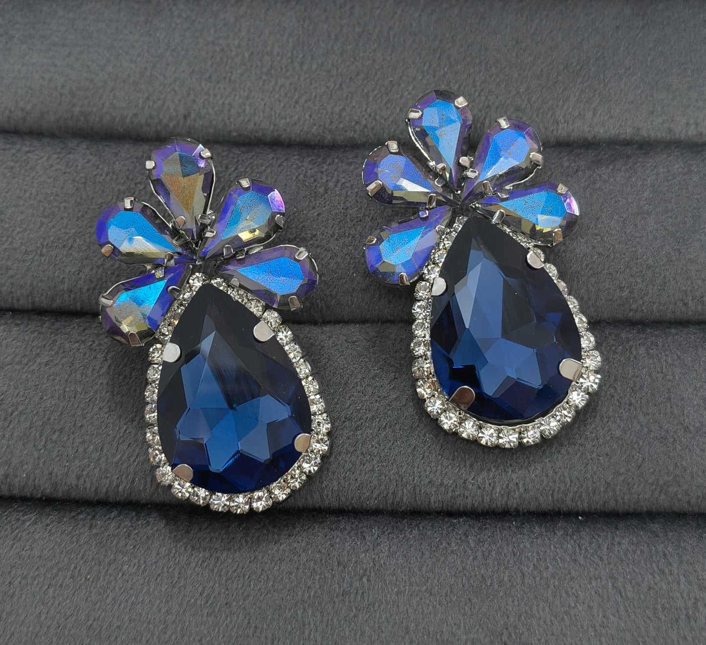Luxury Party Look Blue Glass Stone Stud Earrings