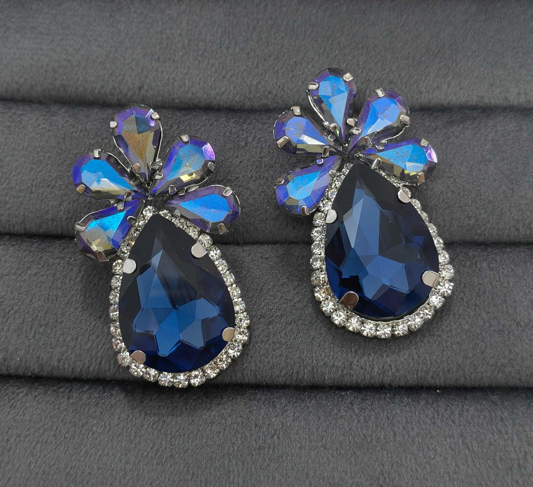 Luxury Party Look Blue Glass Stone Stud Earrings