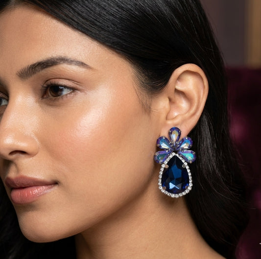 Luxury Party Look Blue Glass Stone Stud Earrings