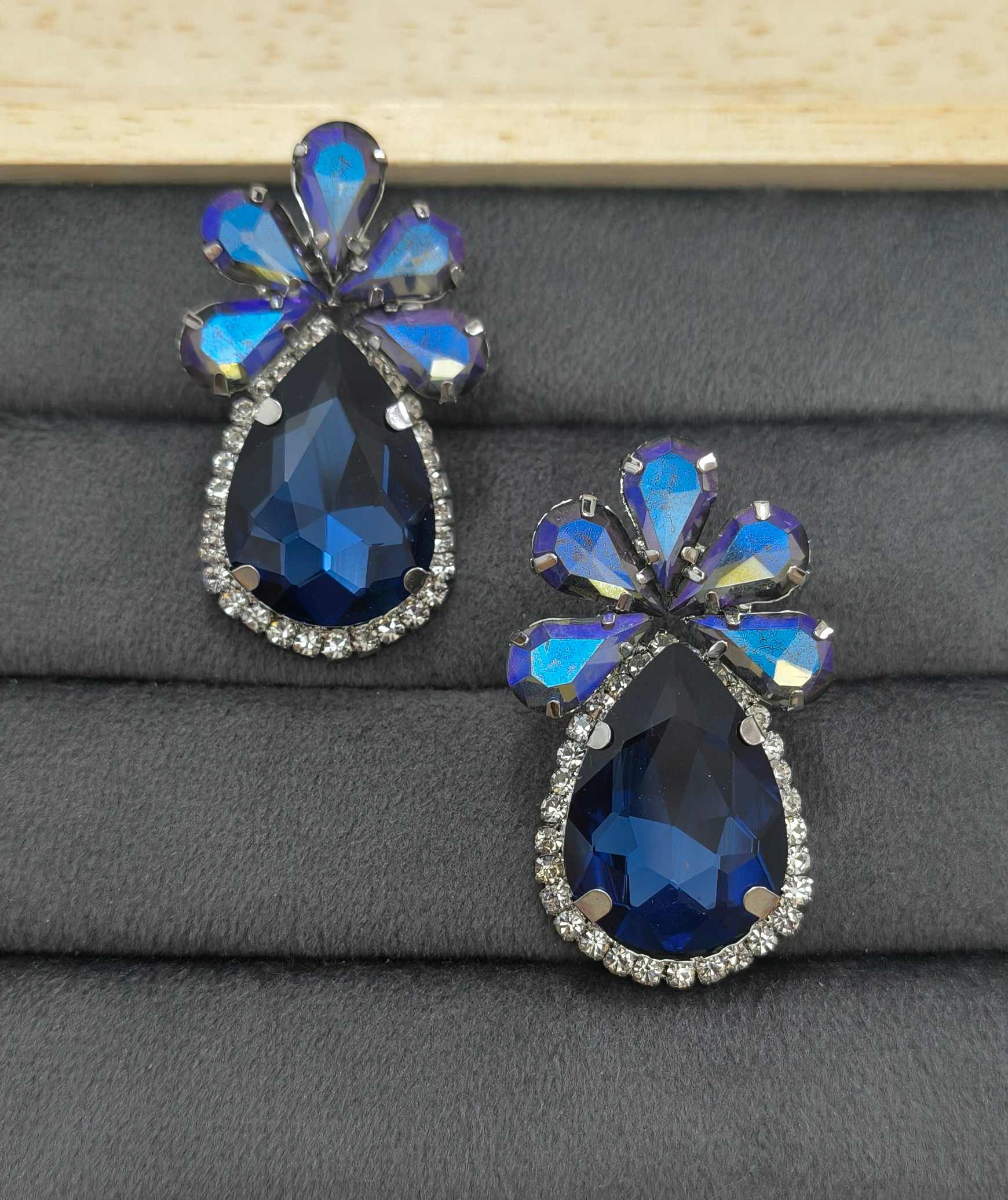 Luxury Party Look Blue Glass Stone Stud Earrings