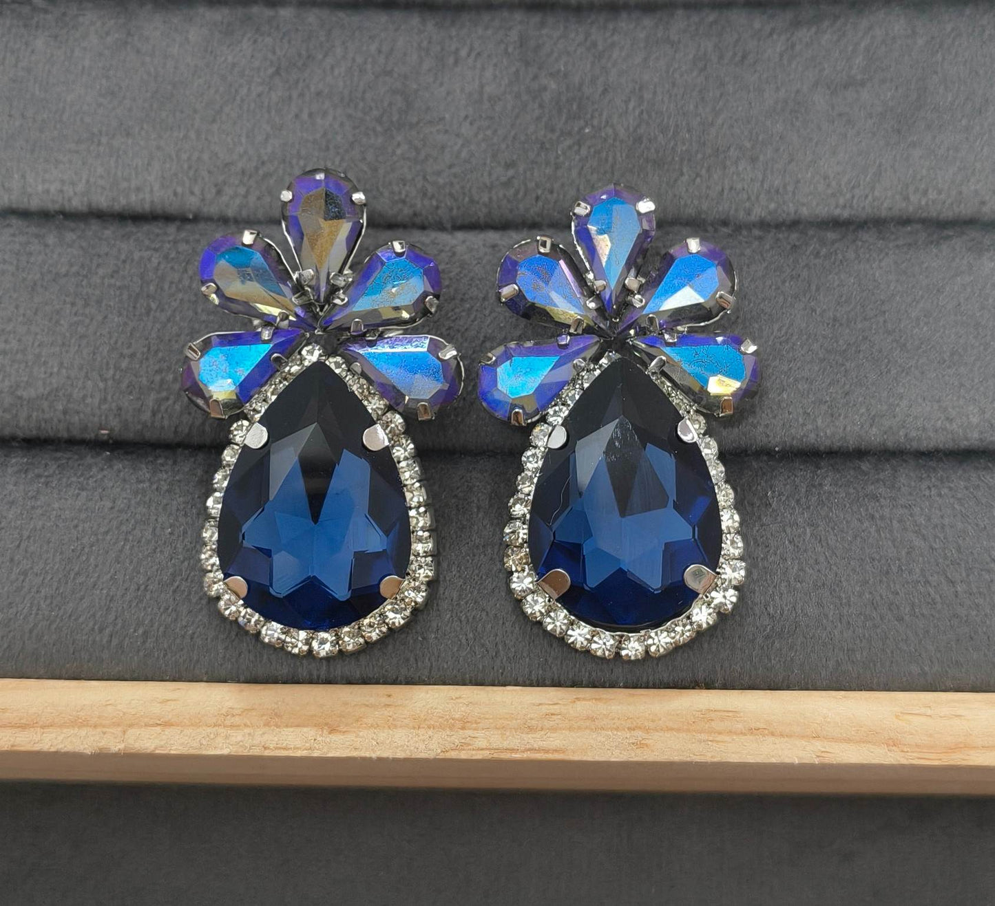 Luxury Party Look Blue Glass Stone Stud Earrings