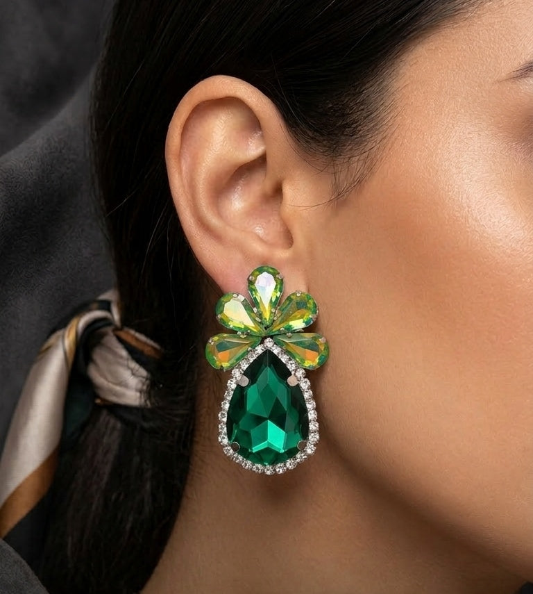 Luxury Party Look Green Glass Stone Stud Earrings