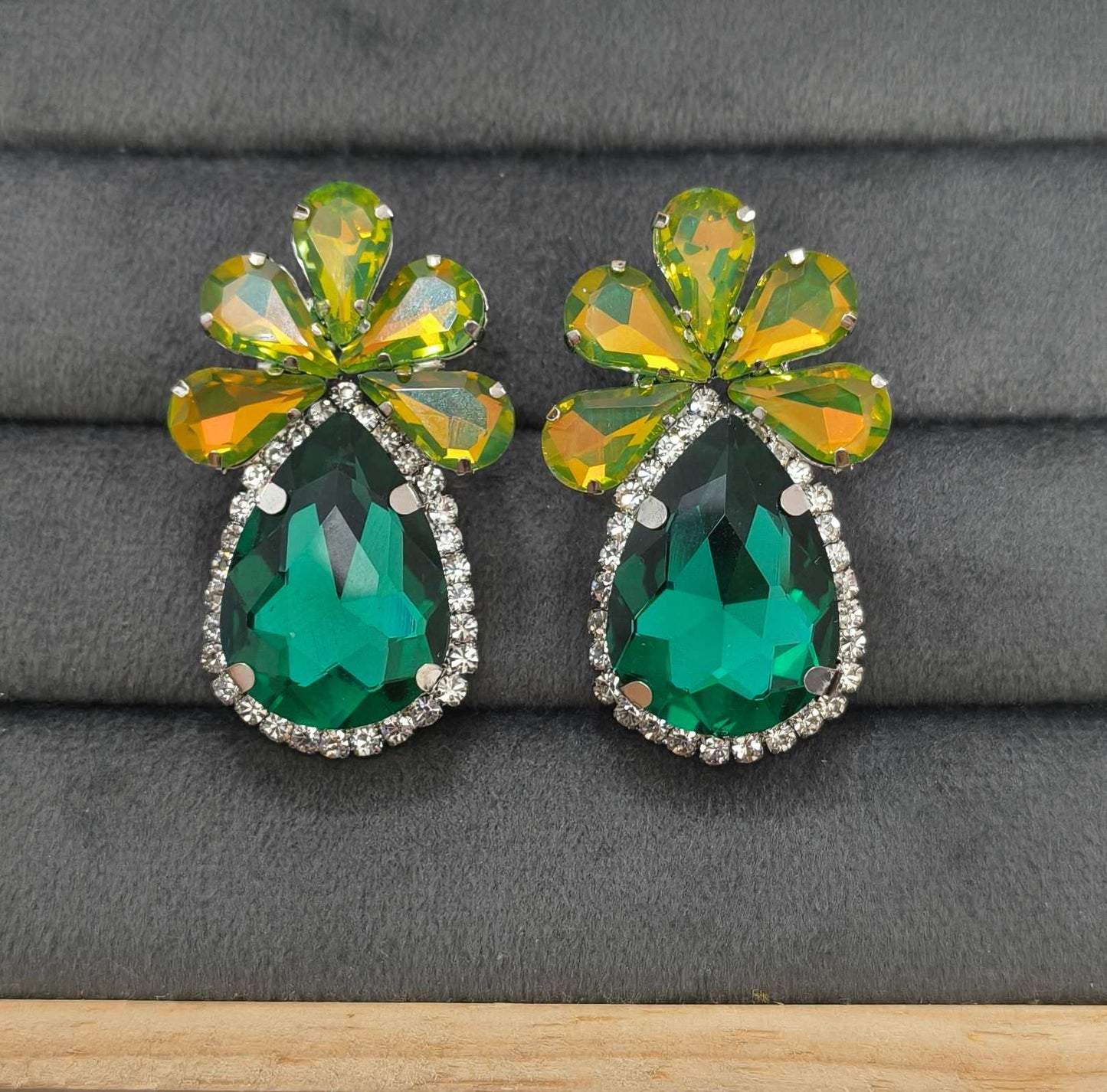 Luxury Party Look Green Glass Stone Stud Earrings