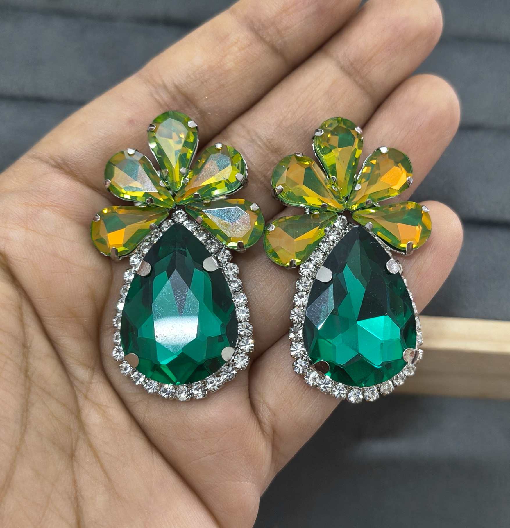 Luxury Party Look Green Glass Stone Stud Earrings