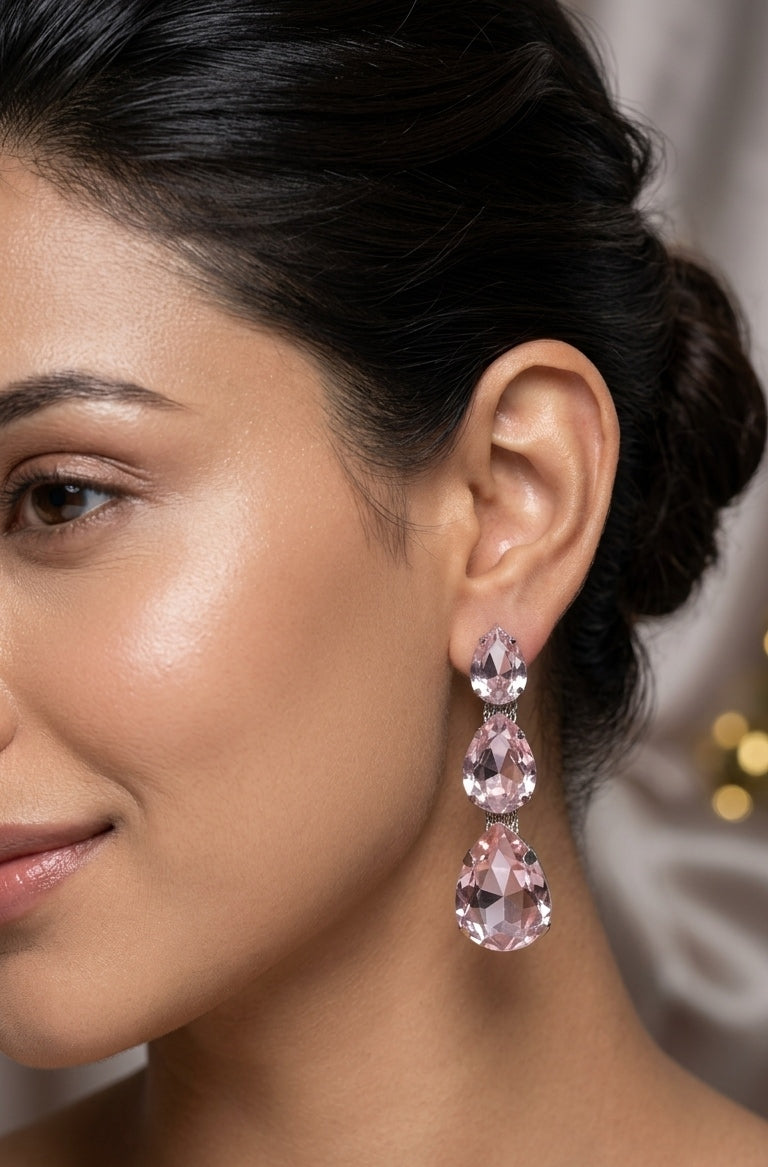 Luxury Party Look Shiny Pink Glass Stone Dangler Earrings