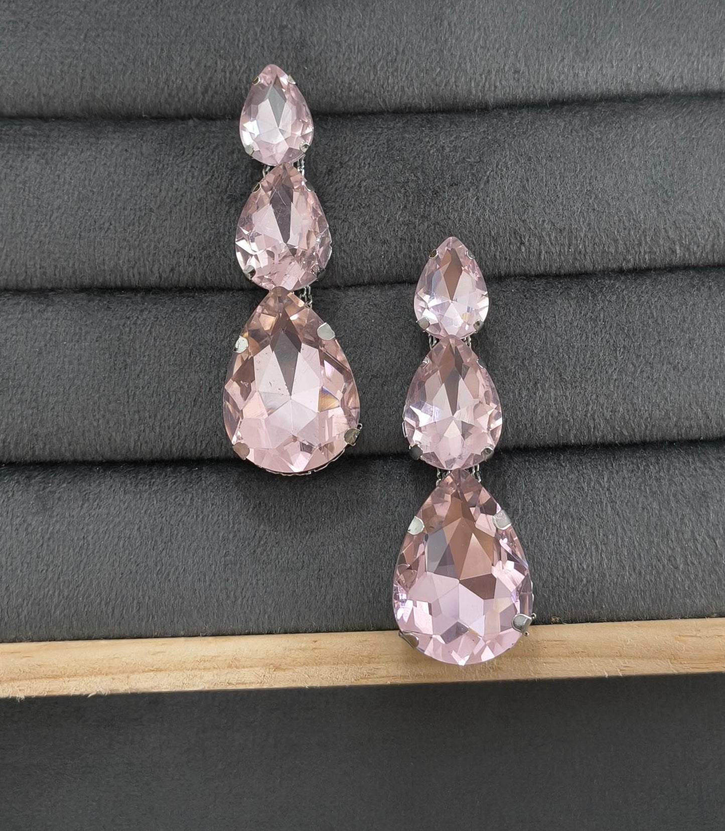 Luxury Party Look Shiny Pink Glass Stone Dangler Earrings