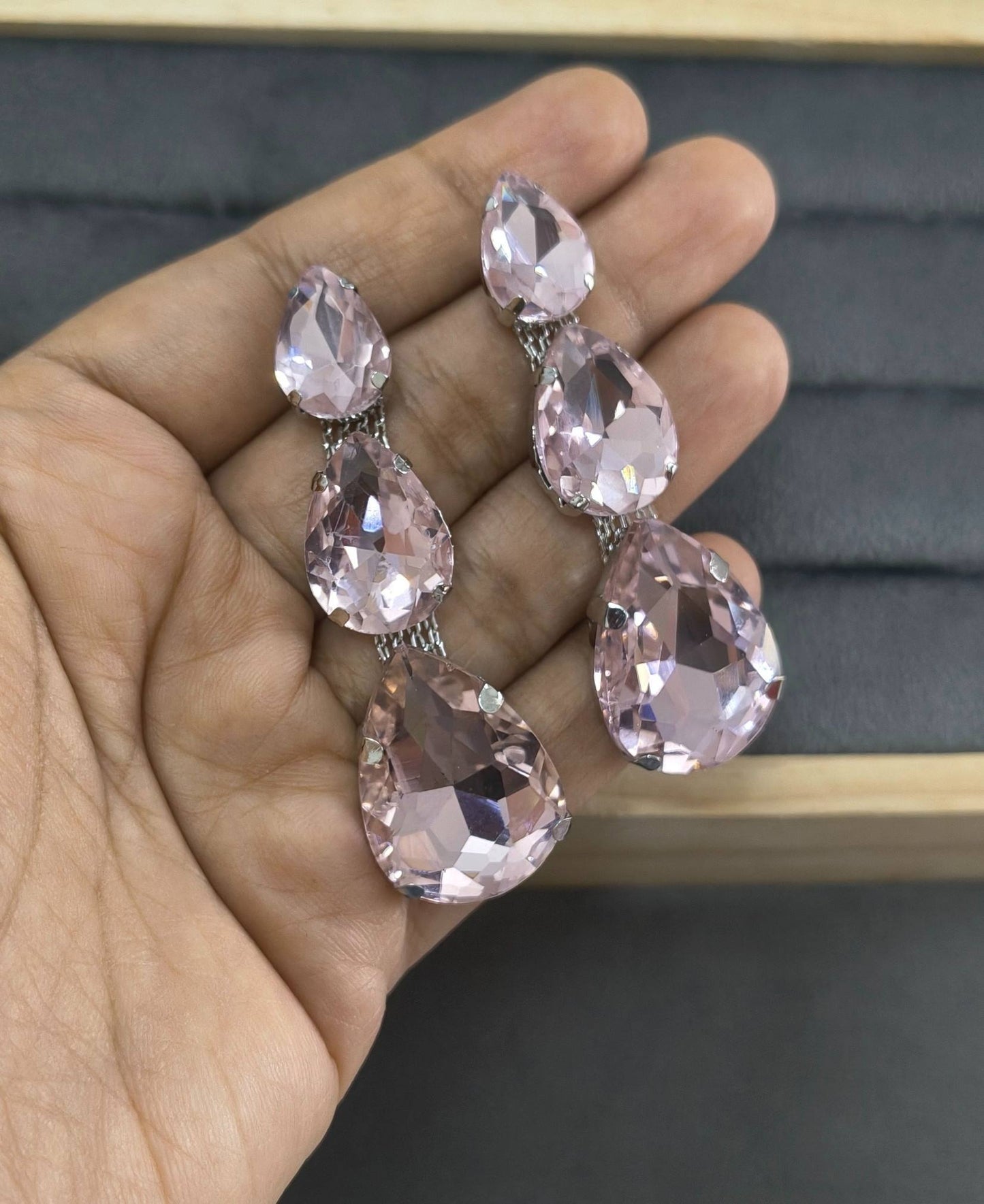 Luxury Party Look Shiny Pink Glass Stone Dangler Earrings
