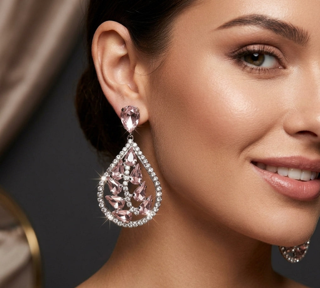 Luxury Party Pink Glass Stone Dangler Drop Earrings