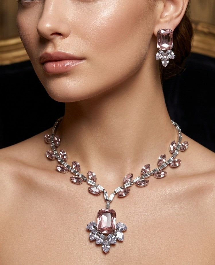 Luxury Pink Glass Stone Necklace Rhodium Plated
