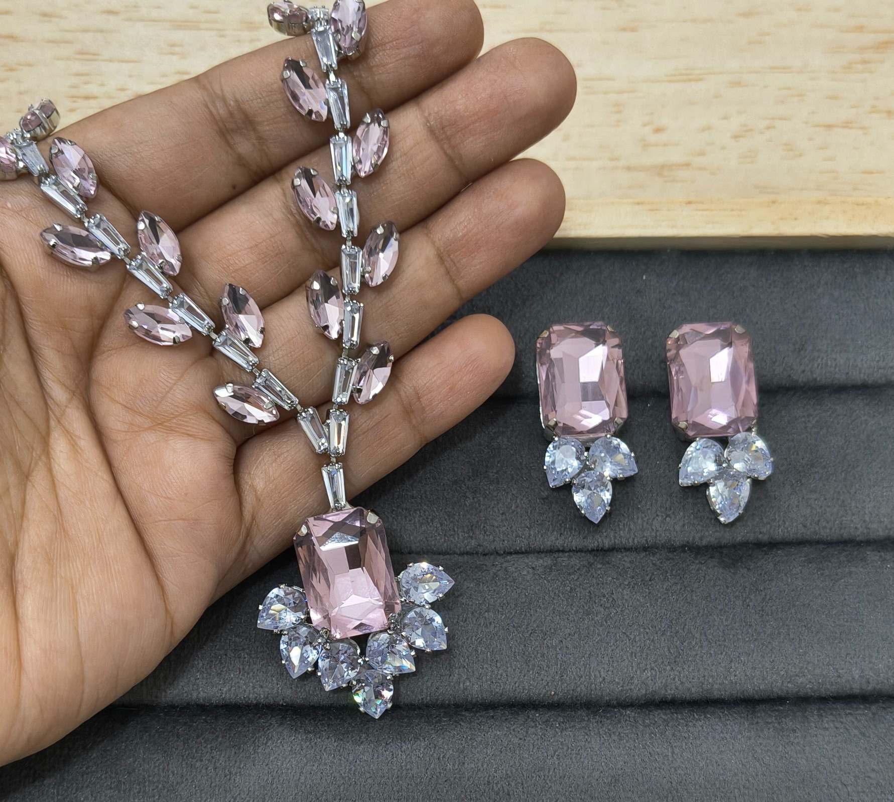 Luxury Pink Glass Stone Necklace Rhodium Plated