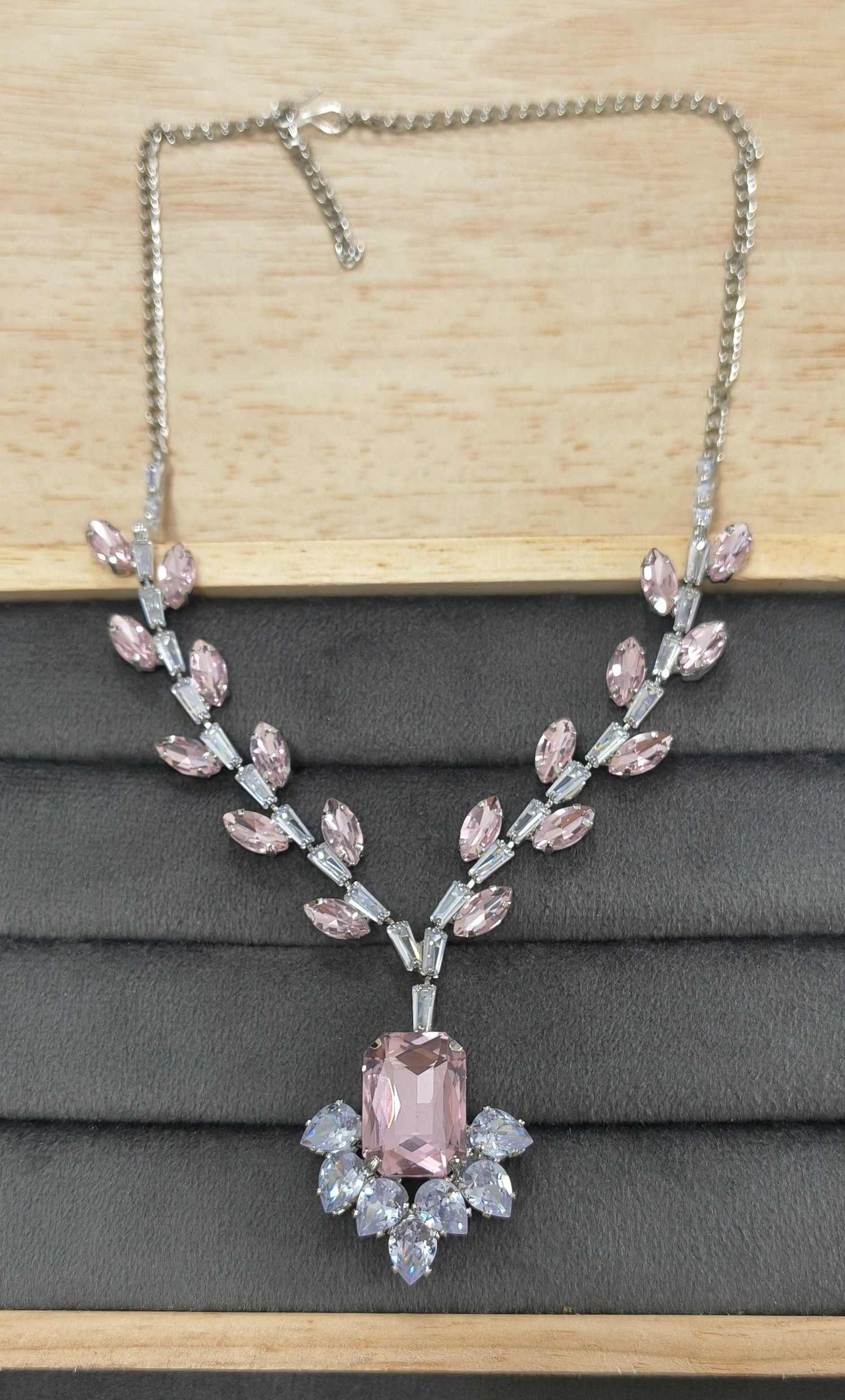 Luxury Pink Glass Stone Necklace Rhodium Plated