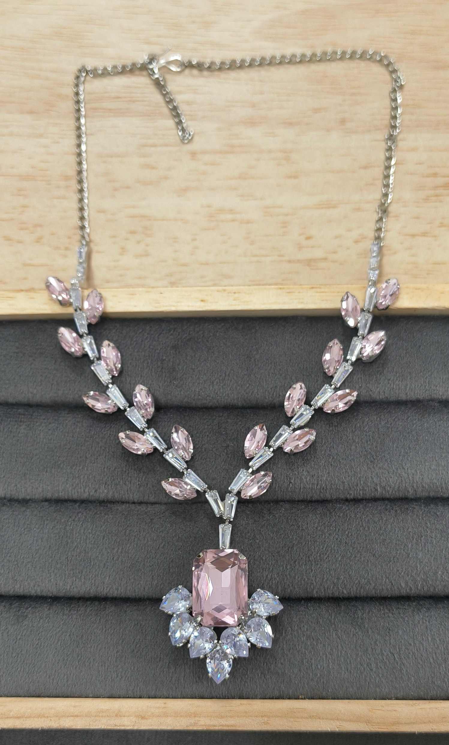 Luxury Pink Glass Stone Necklace Rhodium Plated