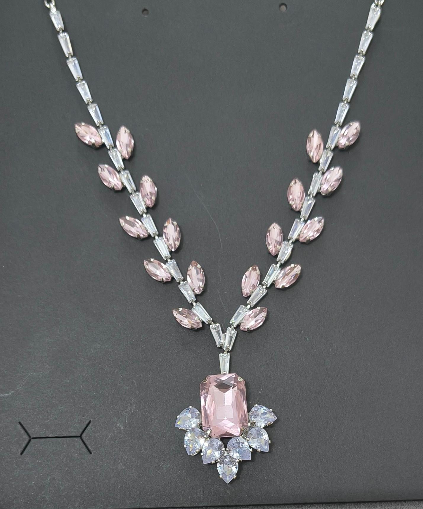Luxury Pink Glass Stone Necklace Rhodium Plated