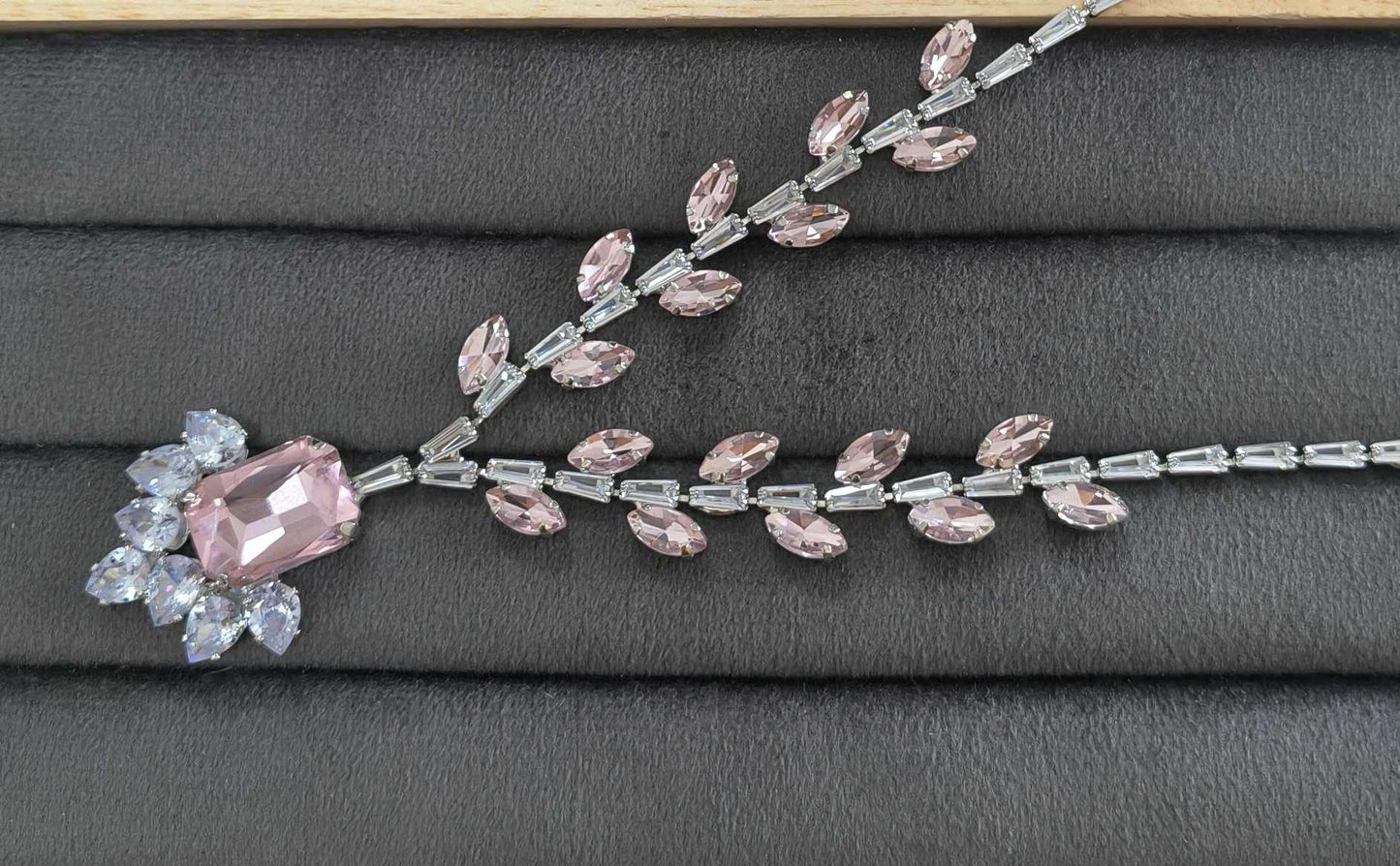 Luxury Pink Glass Stone Necklace Rhodium Plated