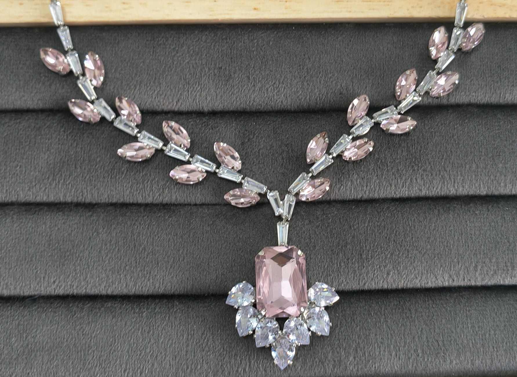 Luxury Pink Glass Stone Necklace Rhodium Plated