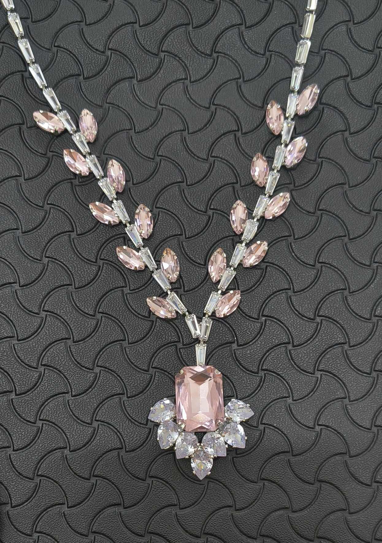 Luxury Pink Glass Stone Necklace Rhodium Plated
