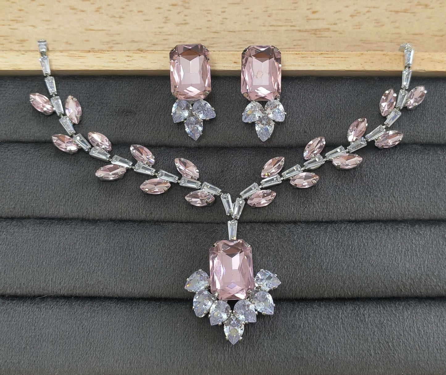 Luxury Pink Glass Stone Necklace Rhodium Plated